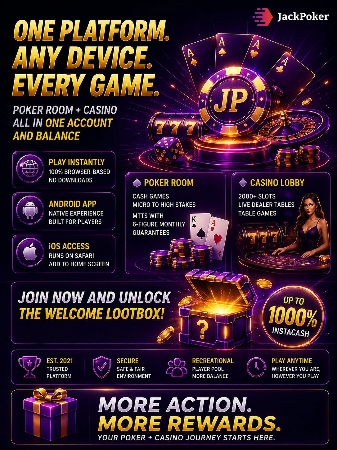 Jackpoker multi device poker and casino platform with cards roulette chips and welcome lootbox bonus in purple gold design