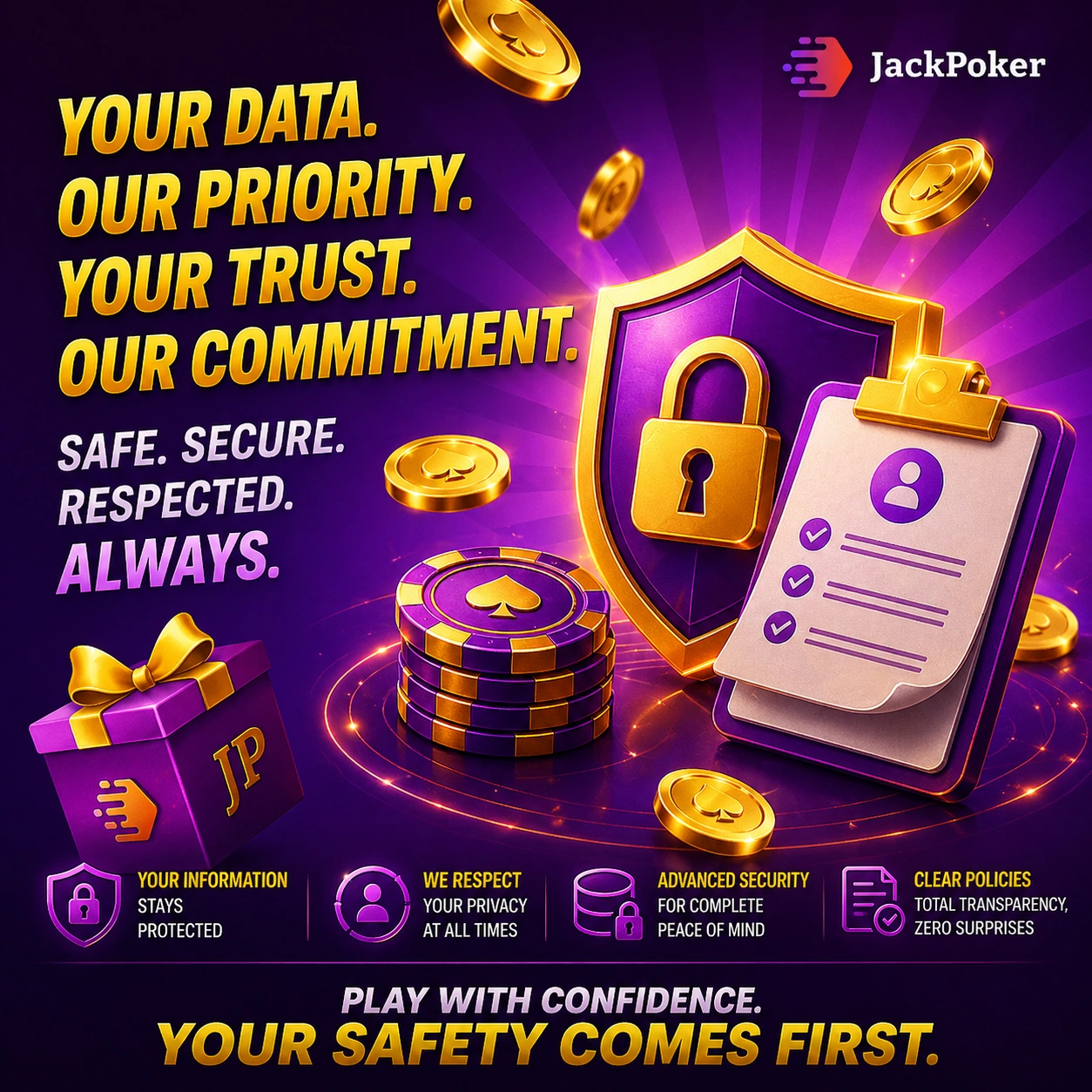 Jackpoker data security with shield lock checklist coins and chips highlighting privacy protection and safe gaming environment