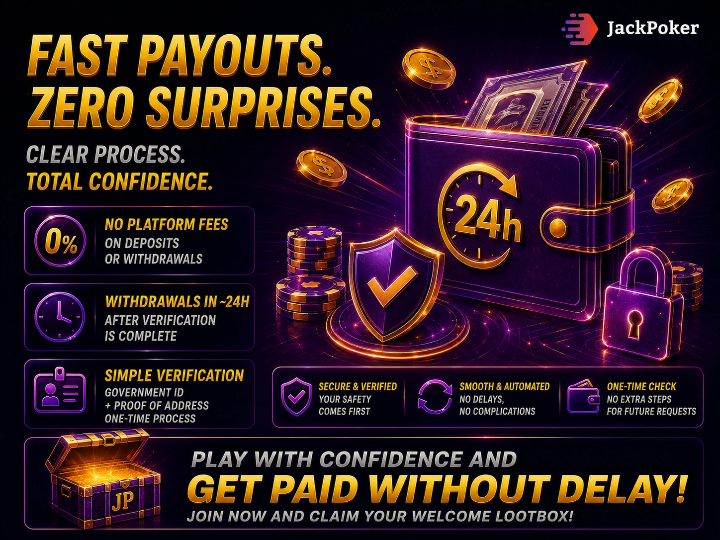 Jackpoker fast payouts wallet with coins shield lock and secure withdrawals process in neon purple gold design