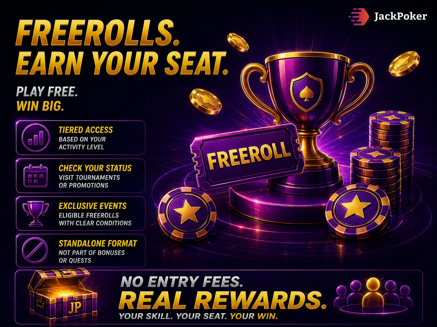 Jackpoker freeroll tournaments with trophy chips coins and free entry games to win real rewards in purple gold design