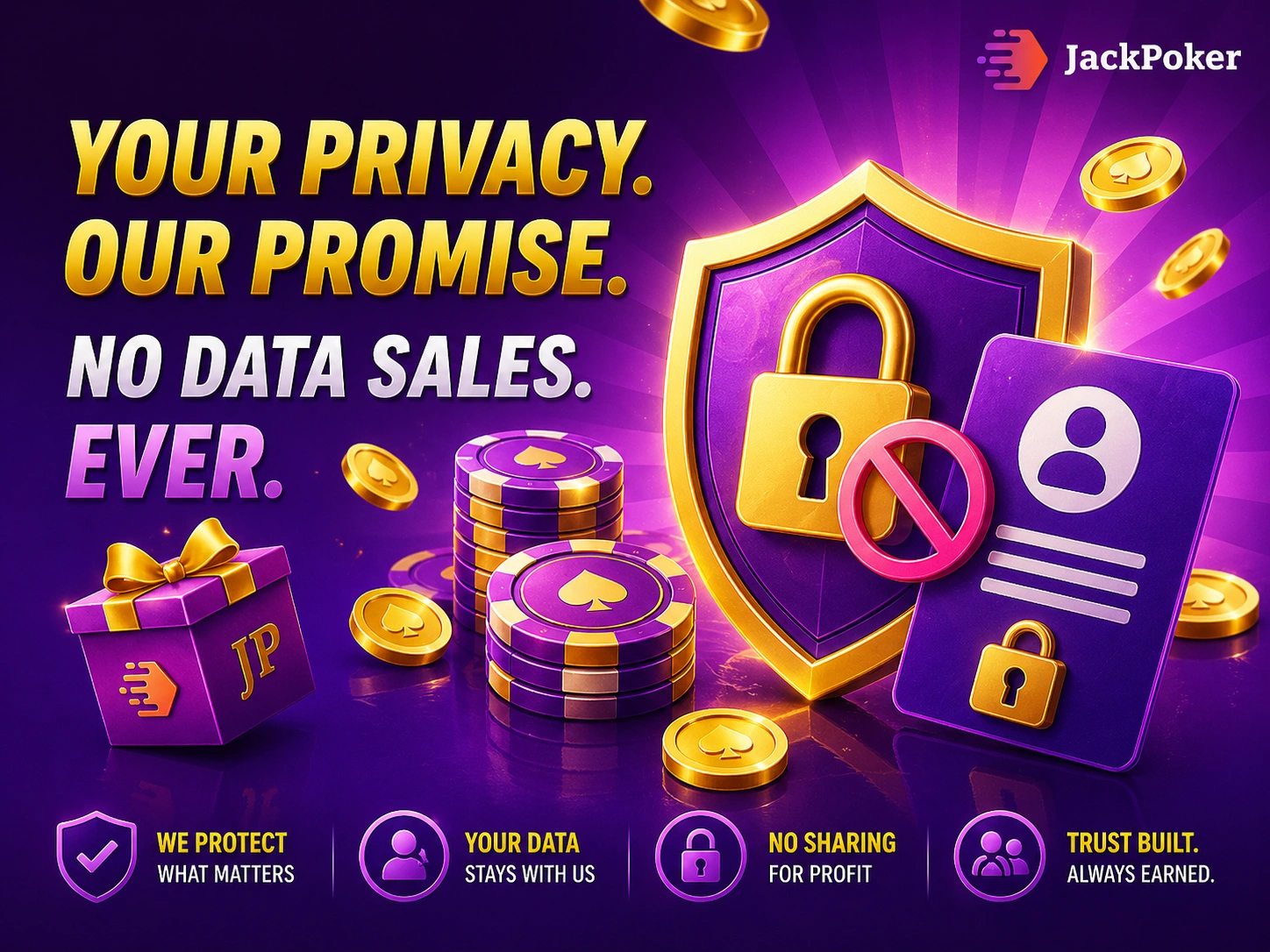 Jackpoker privacy protection with shield lock user card coins and no data sharing message in purple gold secure design